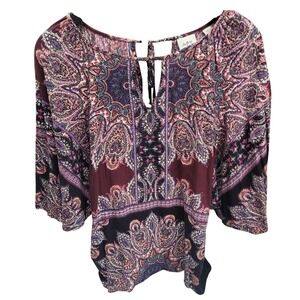 Daytrip Boho Paisley Print Tie Neck Bell‎ Sleeve Blouse Women's Size S